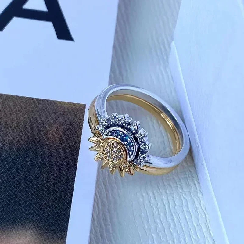Summer Celestial Blue Sparkling Moon Sun Ring For Women Cocktail Stackable Finger Band Fashion Silver 925 Fine Jewellry Crystal Summer Celestial Blue Sparkling Moon Sun Ring For Women Cocktail Stackable Finger Band Fashion Silver 925 Fine Jewellry Crystal